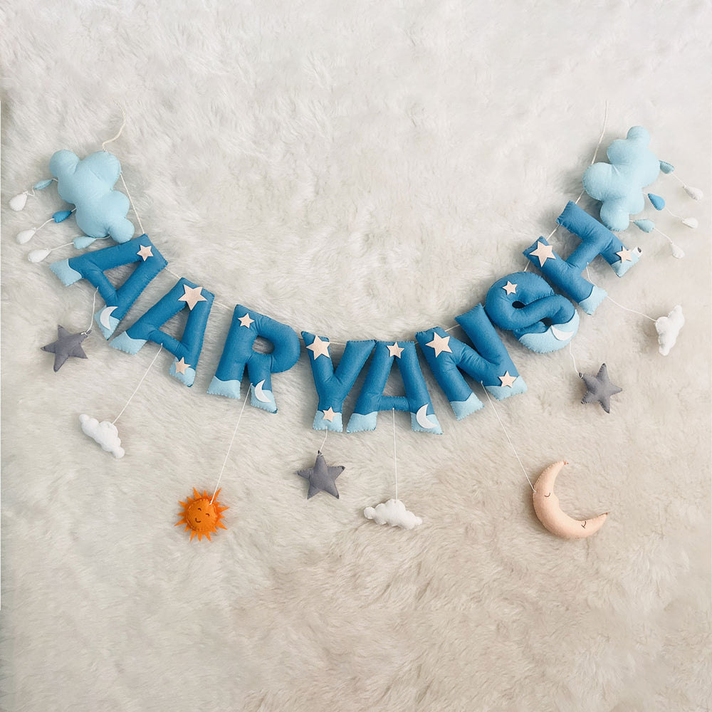 Handcrafted Personalized Cloud Theme Bunting For Kids - Hanging Name Banner Front View