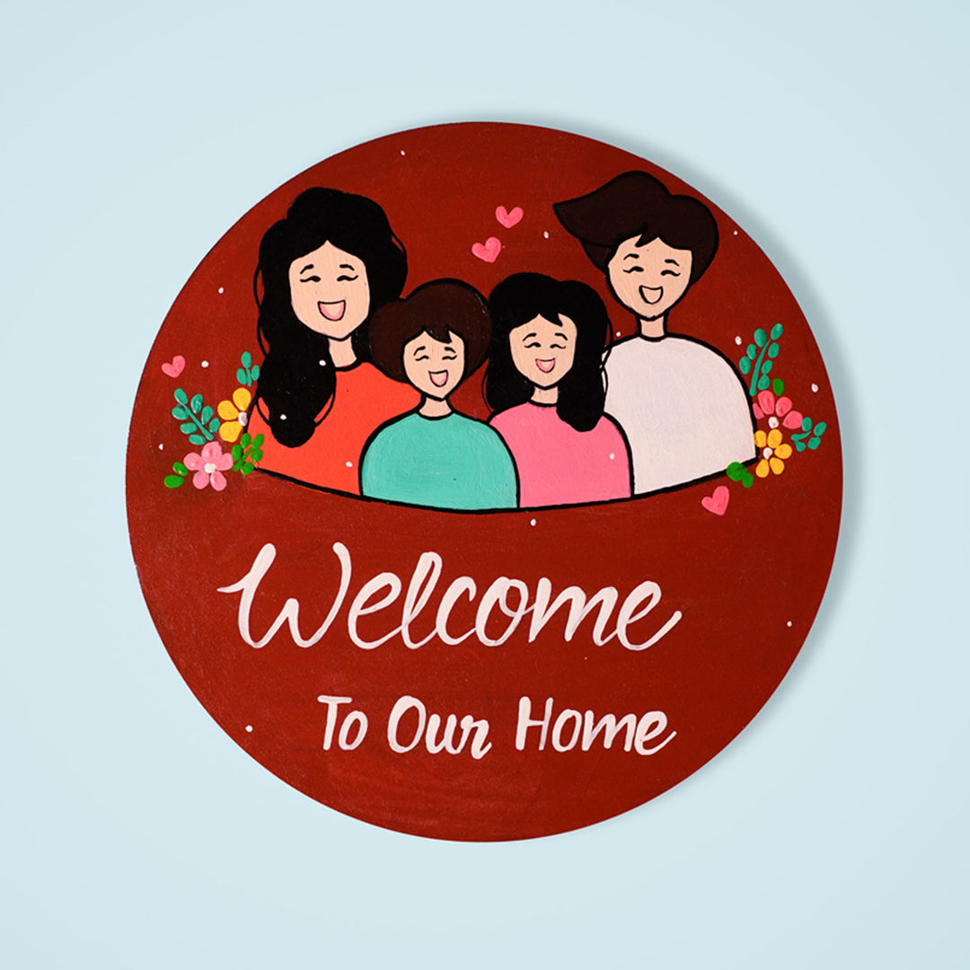 Handcrafted Mdf Personalized Name Plate For A Family Of Four 1 - Front View with Family Illustration