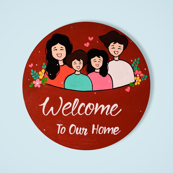 Handcrafted Mdf Personalized Name Plate For A Family Of Four 1 - Front View with Family Illustration