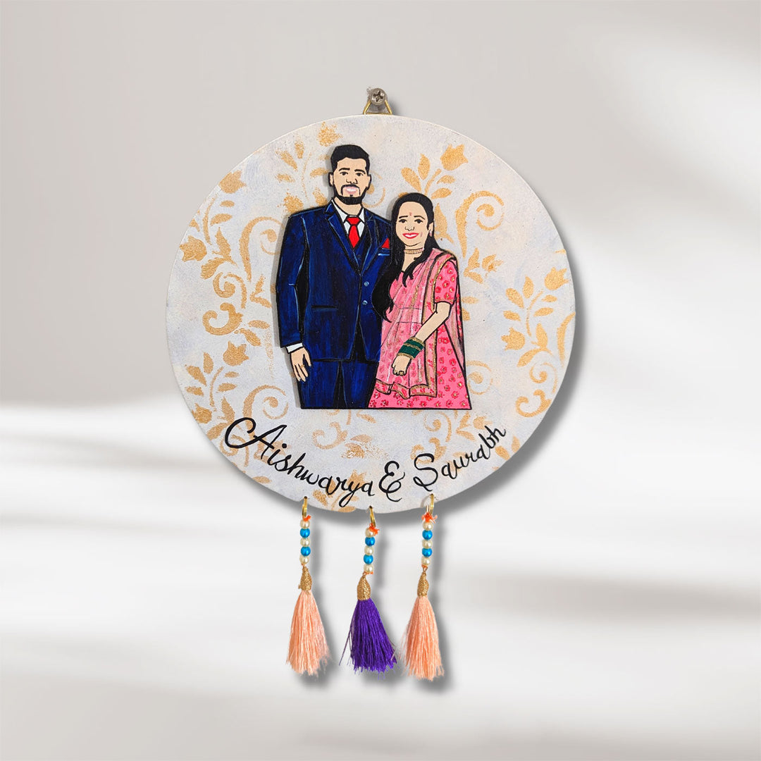 Handcrafted Personalized Caricature Mdf Name Plate 1 - Front View Hanging with Tassels