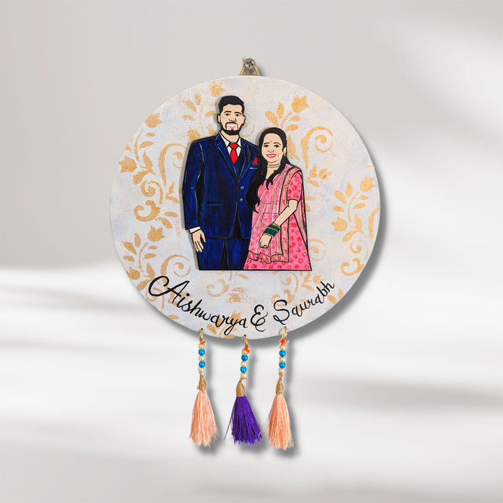 Handcrafted Personalized Caricature Mdf Name Plate 1 - Front View Hanging with Tassels