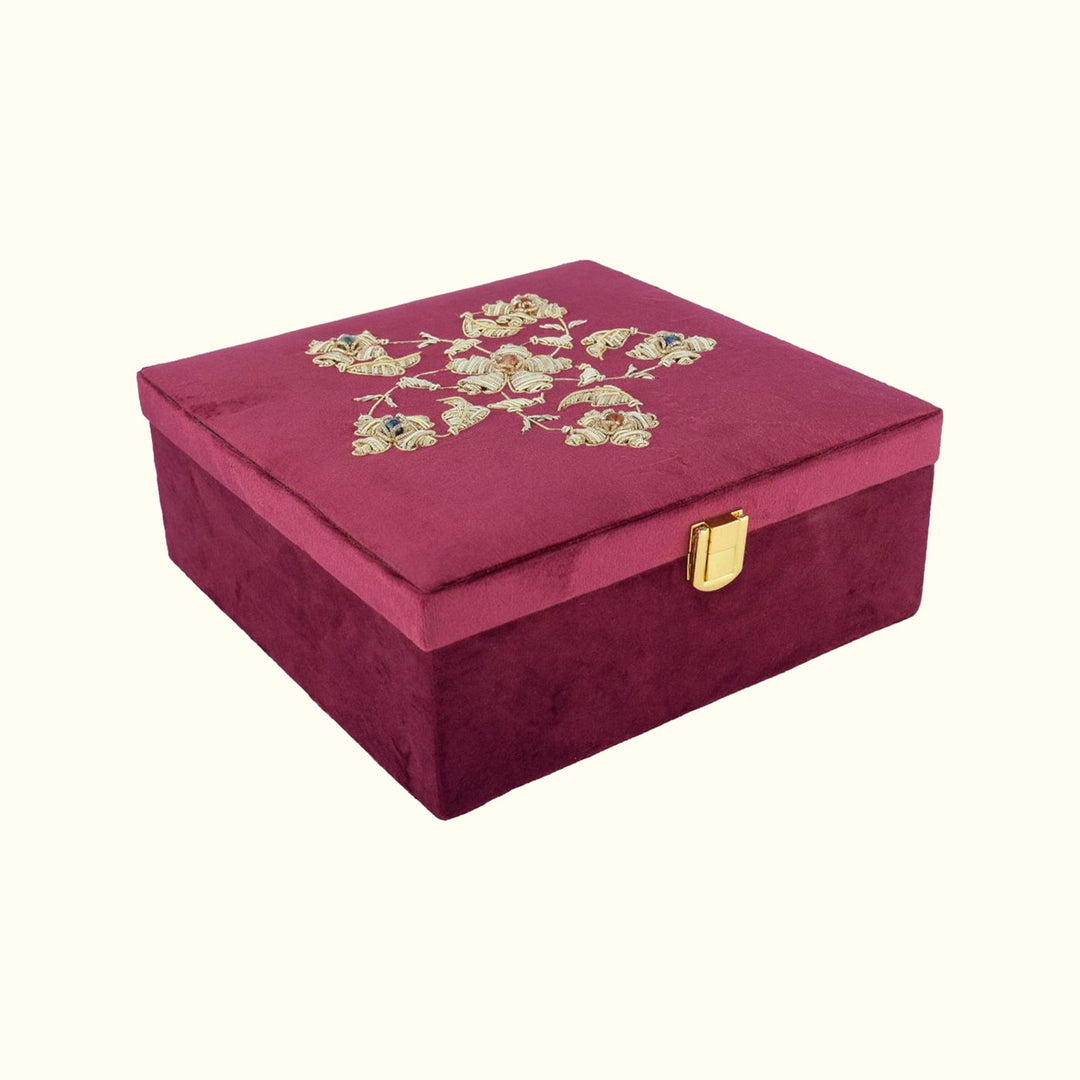 Kali Zardozi on Burgundy Suede Box | Elegant Handcrafted Storage