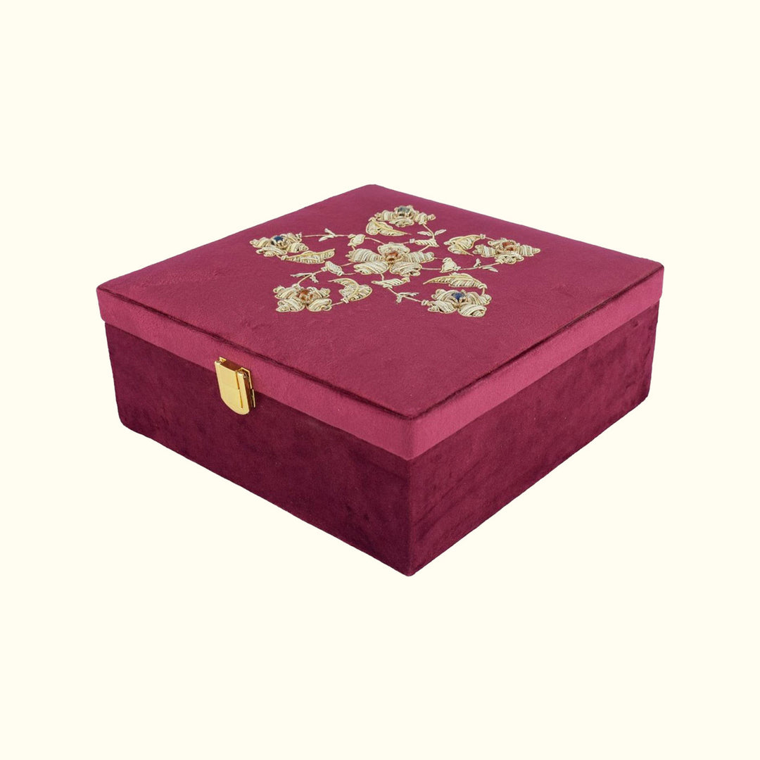 Kali Zardozi on Burgundy Suede Box | Elegant Handcrafted Storage