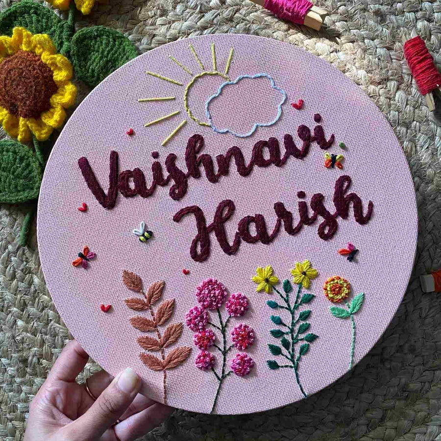 Hand Embroidered Canvas Round Floral Name Plate - Name Personalization Example Front View