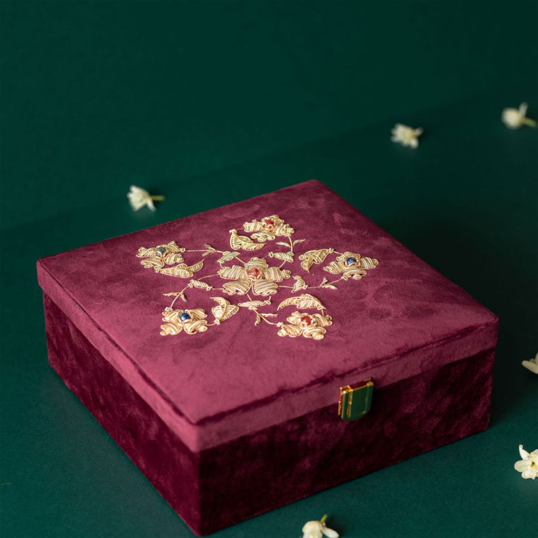 Kali Zardozi on Burgundy Suede Box | Elegant Handcrafted Storage