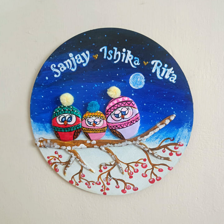 Hand Painted Pebble Art Owl Family Name Plate 2 - Front View with Name Personalization