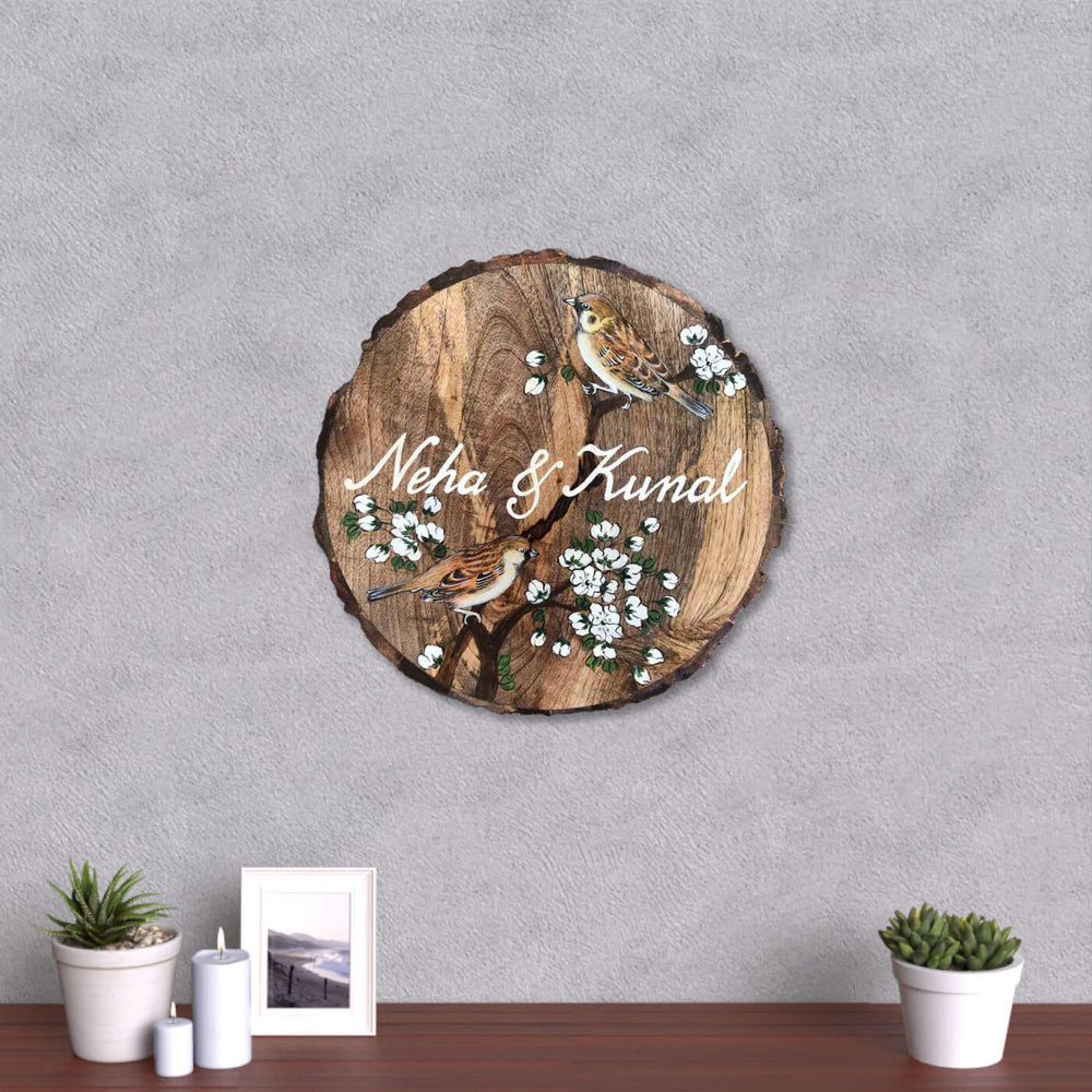 Handpainted Sparrow Theme Mango Wood Name Plate - Mounted on Wall Personalized View