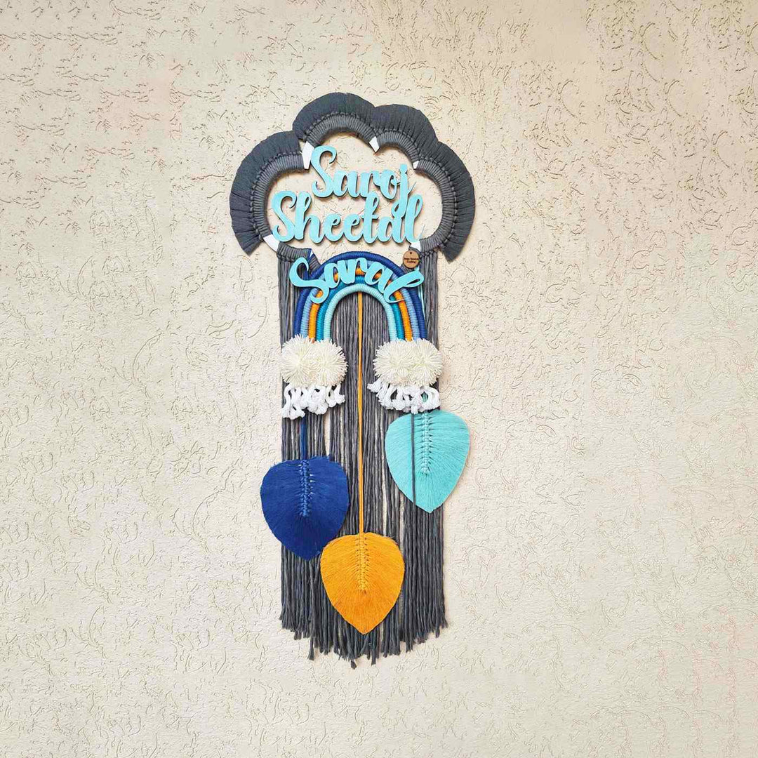 Macrame Cloud Personalized Kids Name Plate - Hanging on Textured Wall