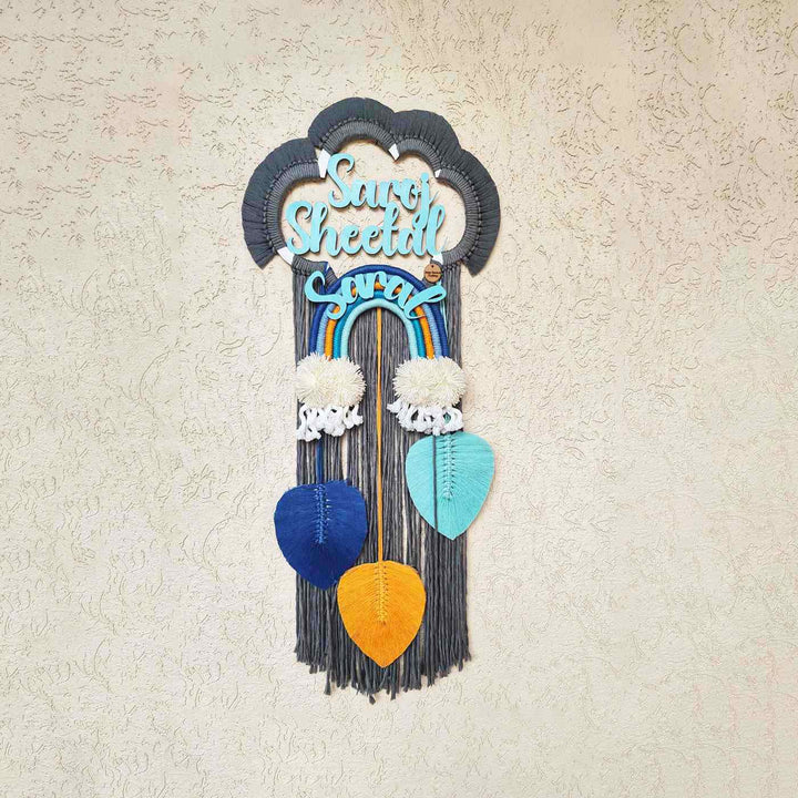Macrame Cloud Personalized Kids Name Plate - Hanging on Textured Wall