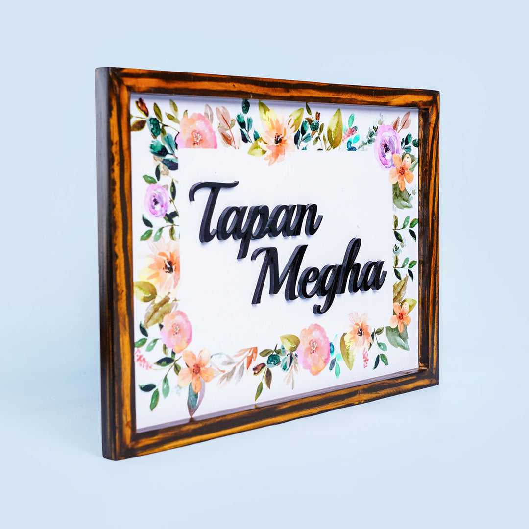 Personalized Floral Printed Name Plate With 3D Letters 2 - Angled Front View with Name Personalization