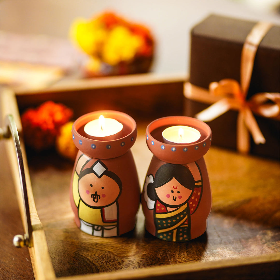 Handpainted Clay Tealight Holders with Marathi Couple | Set of 2