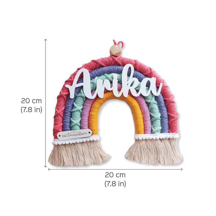 Macrame Rainbow Personalized Kids Name Plate - Front View with Dimensions