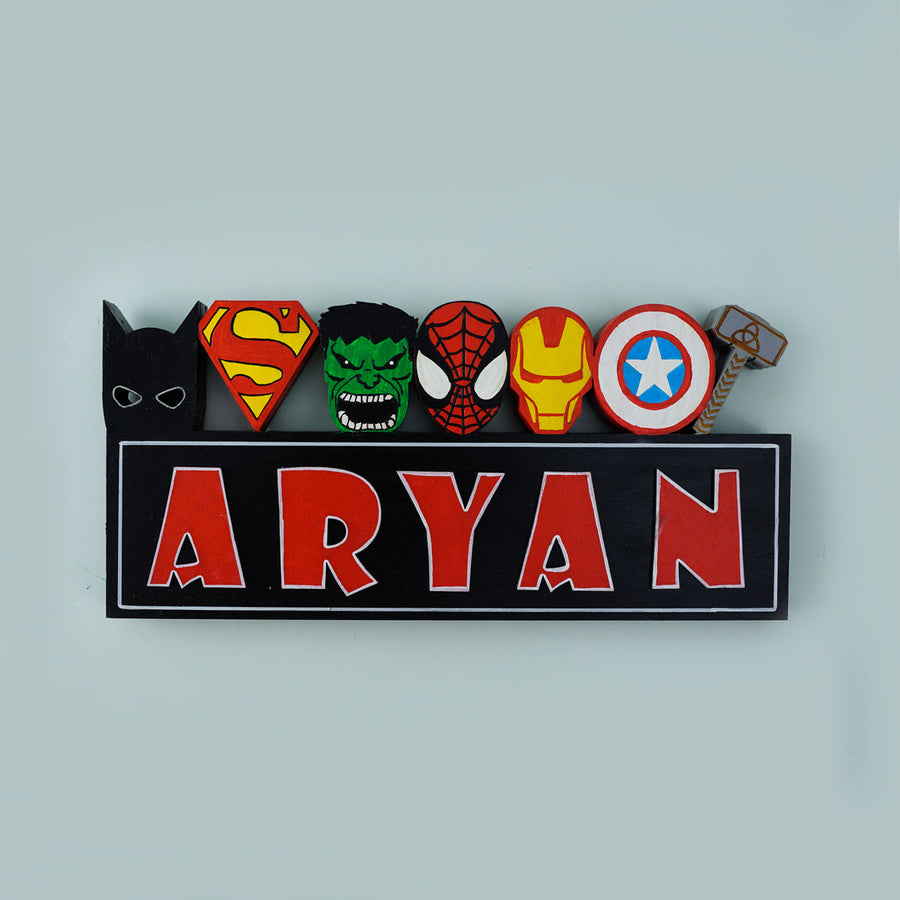 Handcrafted Personalized Superhero Theme 3D Name Block For Kids - Front View with Name Personalization