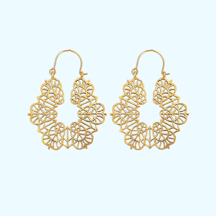 Handmade Brass Modern Hoop Earrings - Leafy Pattern