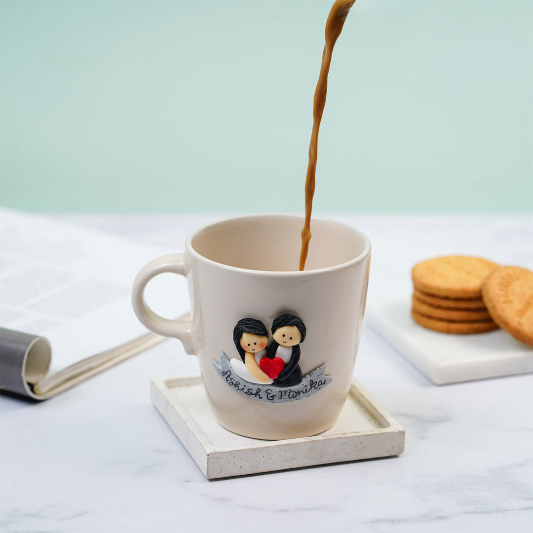Personalized Couple & Heart Mug With 3D Clay Figurine