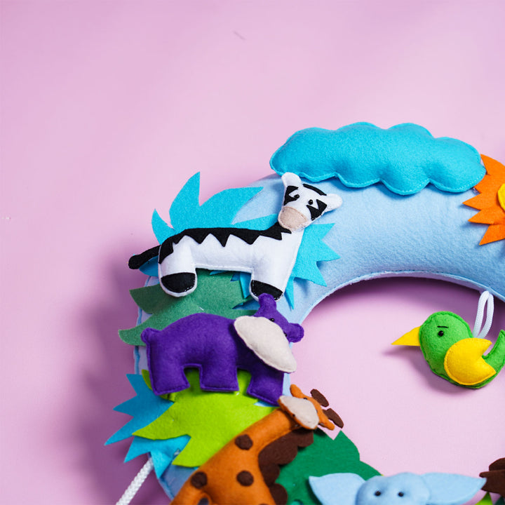 Handmade Personalized Felt Jungle Themed Kids Sibling Name Plate 12 - Side View Showing Plush Animal Details