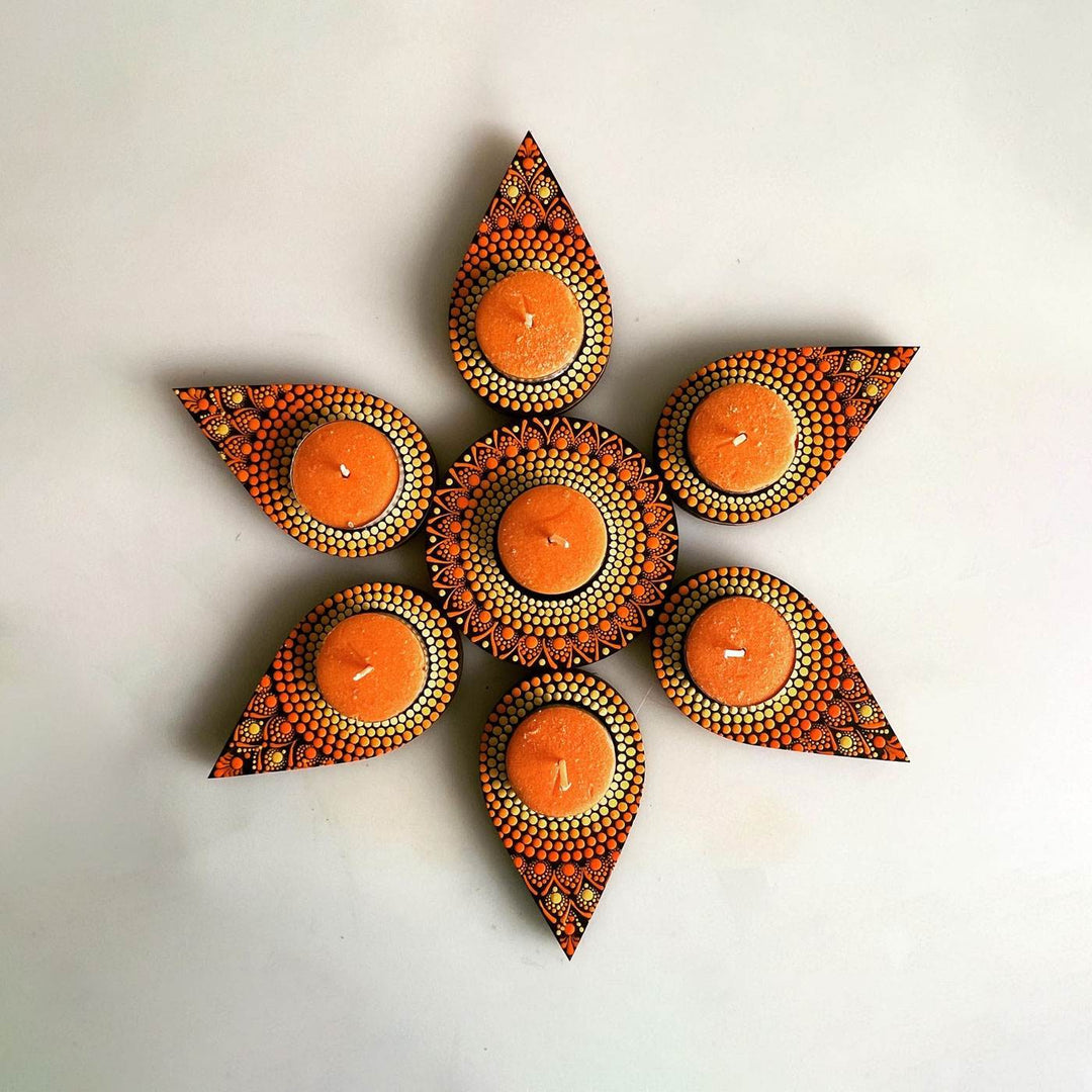 7 Pc Flower Petals Dot Art Rangoli Tealight Holder