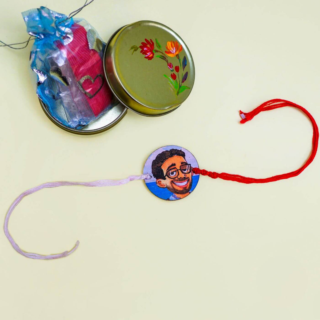 Handpainted Personalized Caricature Rakhi With Roli Chawal 1 - Rakhi with Metal Gift Tin