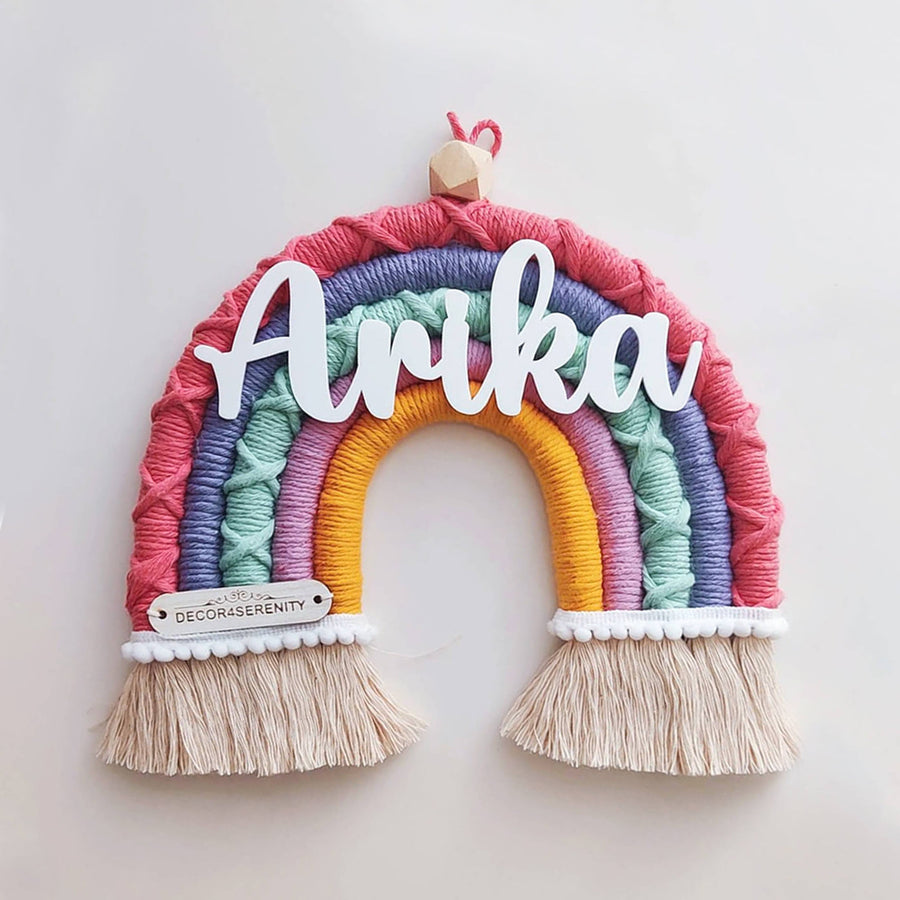 Macrame Rainbow Personalized Kids Name Plate - Front View with Name Personalization