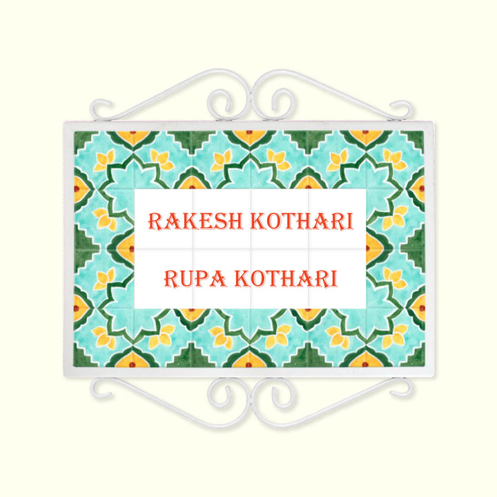 Handpainted Metal Frame Mosaic Style Nameplate 5 - Name Personalization Example Front View