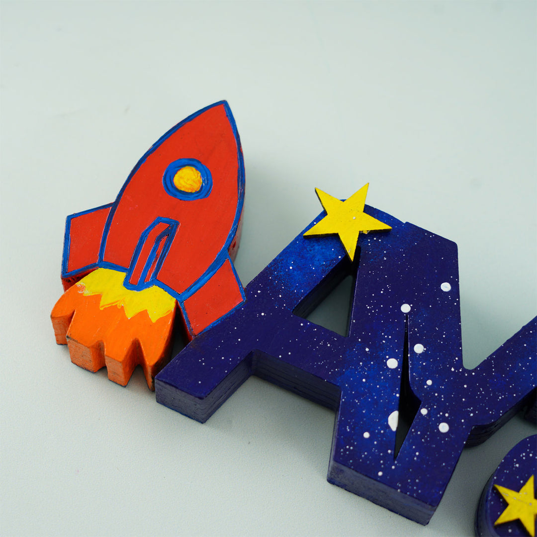 Space Themed Kids Tabletop Freestanding Name Plate - Close-up on Left Side Detail