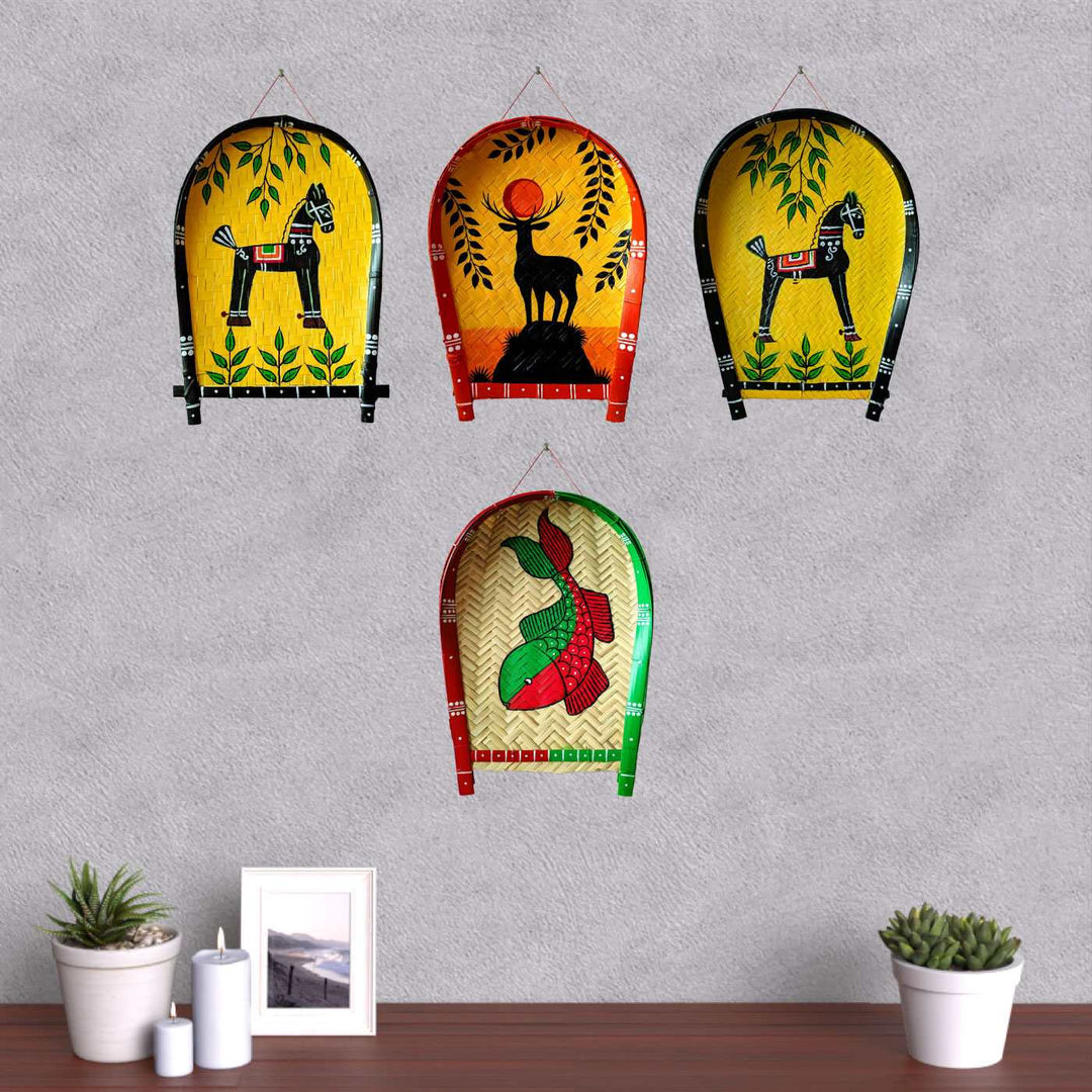 Handpainted Jamini Roy Horse Kulo Bengali Themed Bamboo Wall Decor
