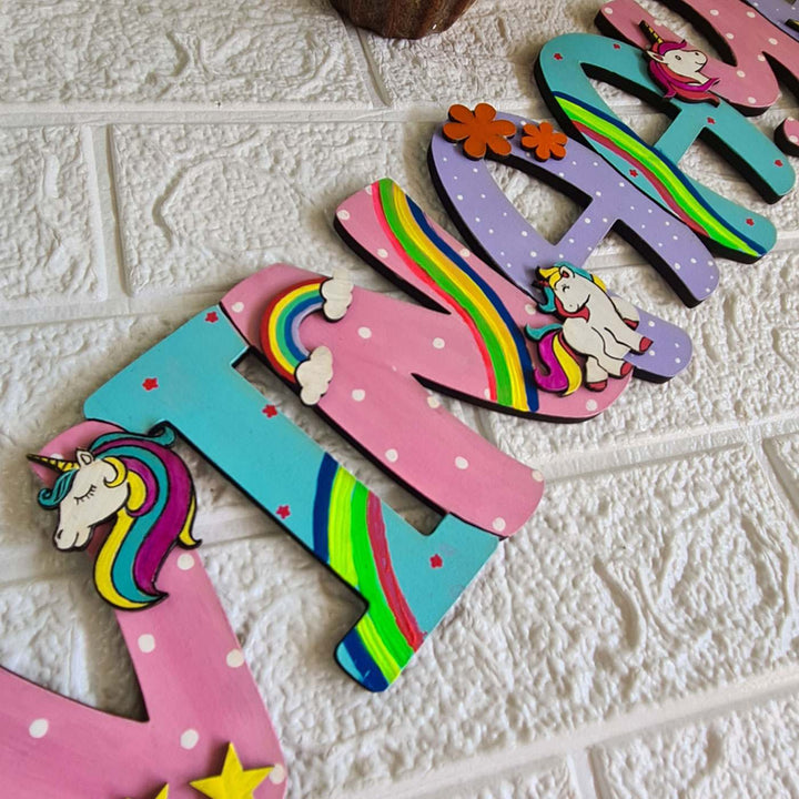 Handcrafted Personalized Unicorn Themed Name Plate For Kids - Angled Side View Mounted on Wall