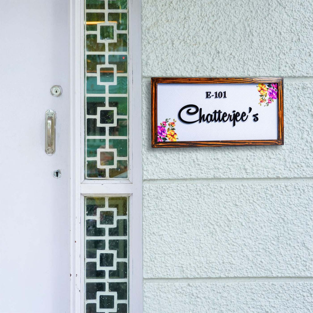 Personalized Floral Printed Name Plate With 3D Letters 1 - Mounted on Exterior Wall Next to Door