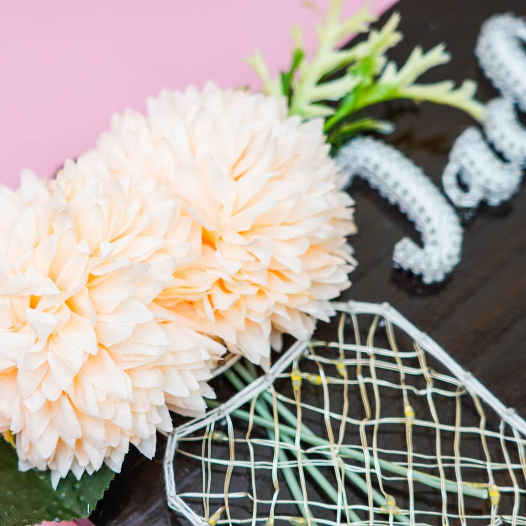 Personalised Acrylic Namplate With Fairy Light String Art - Close-up of Floral and Wire Decoration