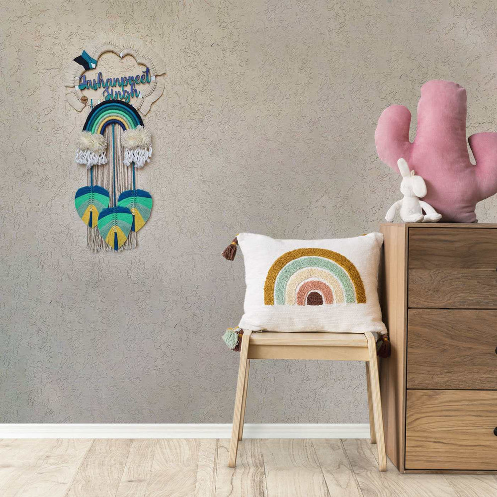 Macrame Cloud Personalized Kids Name Plate 1 - Mounted on Wall in Room Setting