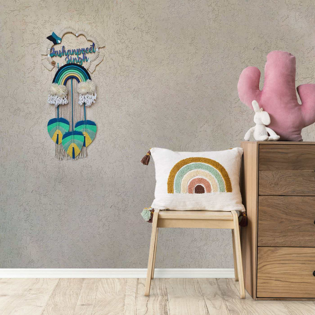 Macrame Cloud Personalized Kids Name Plate 1 - Mounted on Wall in Room Setting