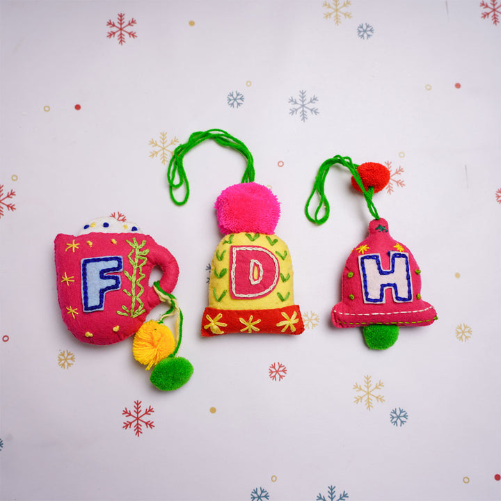 Personalized Initial Embroidered Felt Ornaments For Christmas Tree Decoration | Set Of 3
