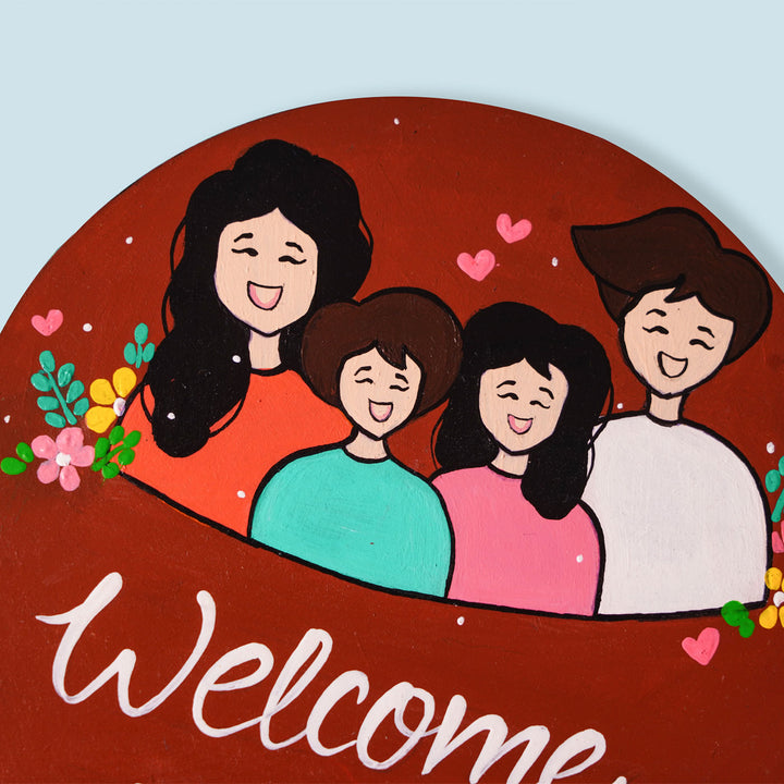 Handcrafted Mdf Personalized Name Plate For A Family Of Four 1 - Close-up of painted welcome sign