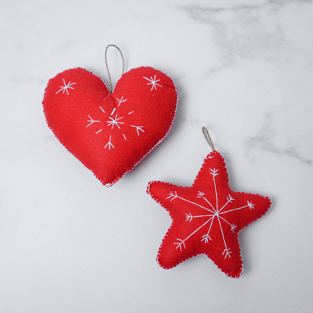 Handmade Heart & Star Embroidered Felt Ornaments For Christmas Tree Decoration | Set Of 4