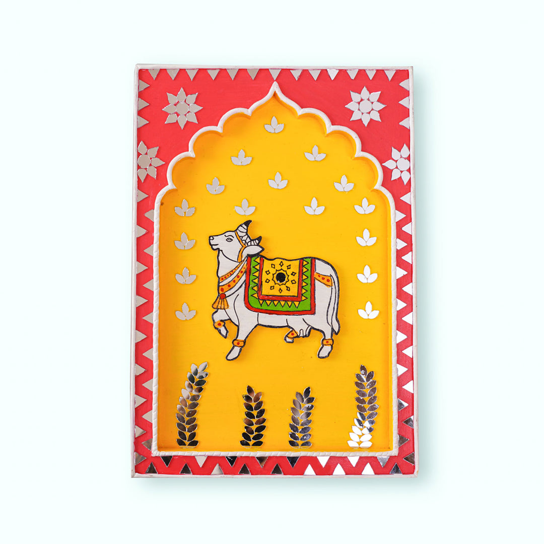 Handcrafted Pink & Yellow Frame - Cow Traditional Lippan Art Jharokha Wall Art