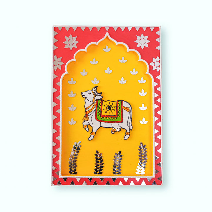 Handcrafted Pink & Yellow Frame - Cow Traditional Lippan Art Jharokha Wall Art