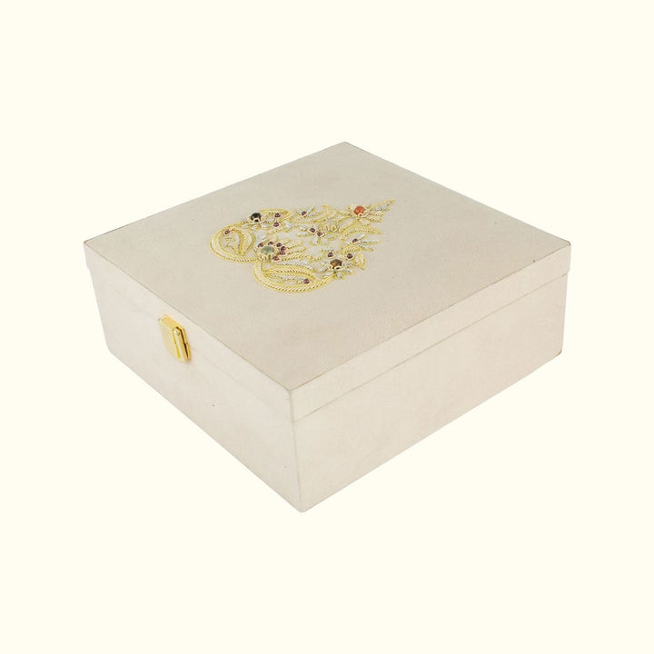 Paan Zardozi on Cream Suede Box | Elegant Handcrafted Storage
