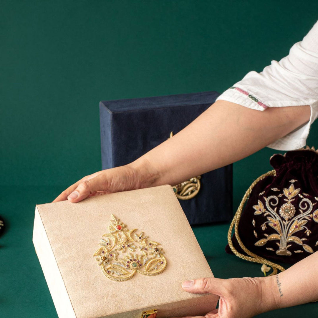Paan Zardozi on Cream Suede Box | Elegant Handcrafted Storage