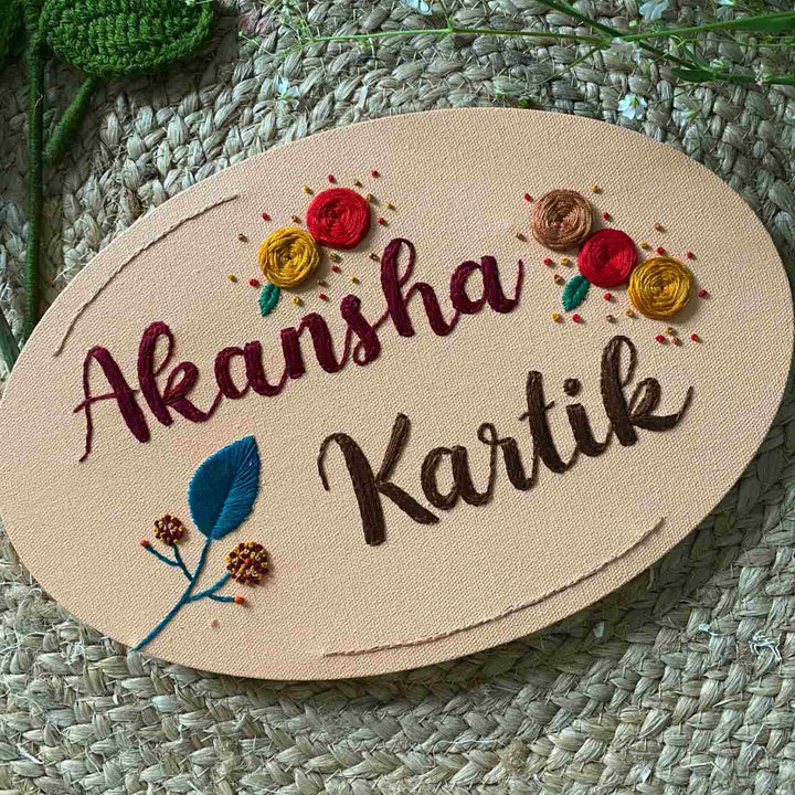 Hand Embroidered Canvas Oval Floral Name Plate - Name Personalization Example