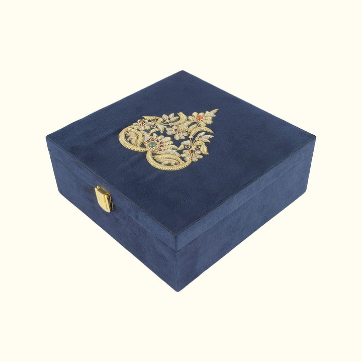 Paan Zardozi on Blue Suede Box | Handcrafted Elegant Storage