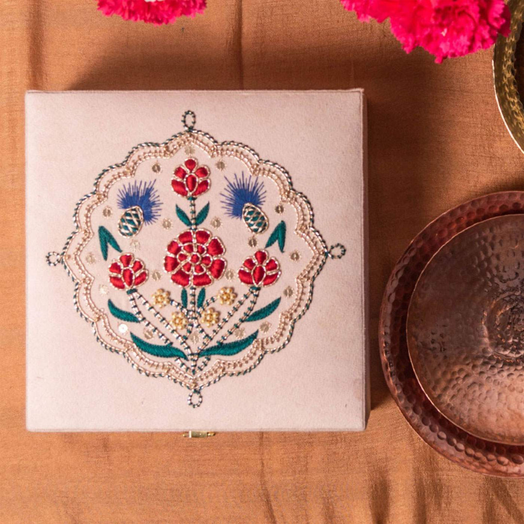 Paan Zardozi on Cream Suede Box | Elegant Handcrafted Storage