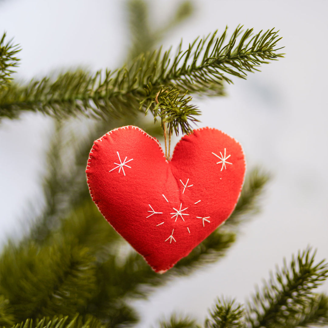 Handmade Heart & Star Embroidered Felt Ornaments For Christmas Tree Decoration | Set Of 4