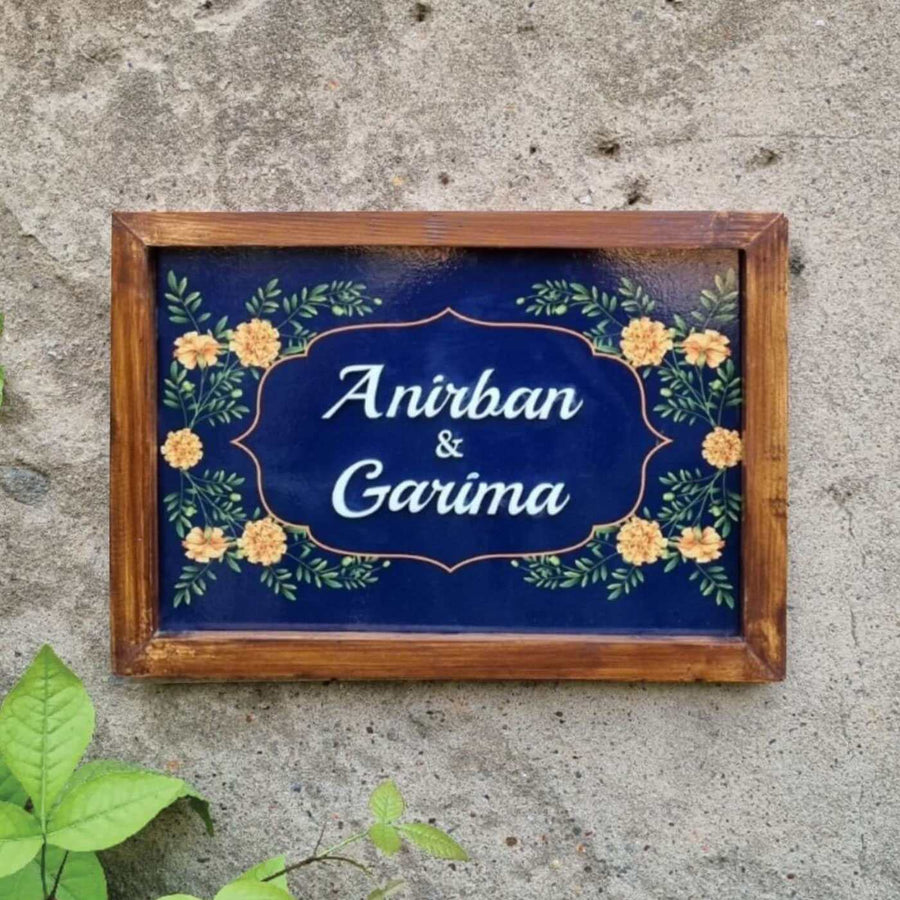 Personalized Marigold Printed Name Plate With 3D Letters - Personalization Example on Wall Background