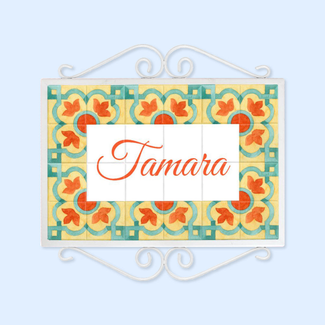 Handpainted Metal Frame Mosaic Style Nameplate 4 - Front View with Name Personalization