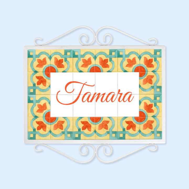 Handpainted Metal Frame Mosaic Style Nameplate 4 - Front View with Name Personalization