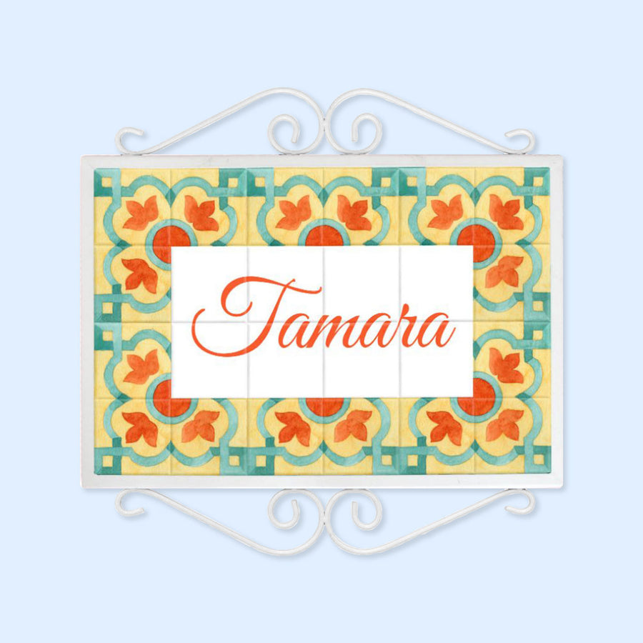 Handpainted Metal Frame Mosaic Style Nameplate 4 - Front View with Name Personalization