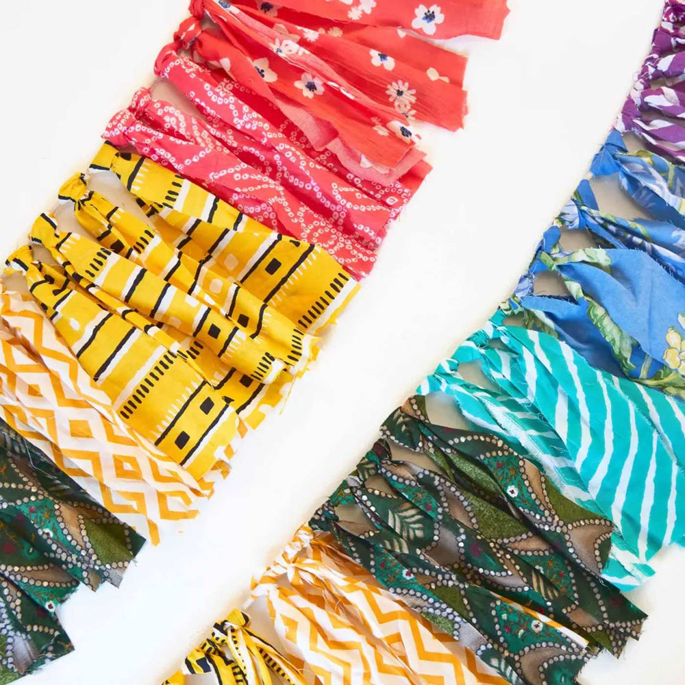 Upcycled Fabric Rainbow Fringe Streamer Bunting - Close-up of Patterned Fabric Edges