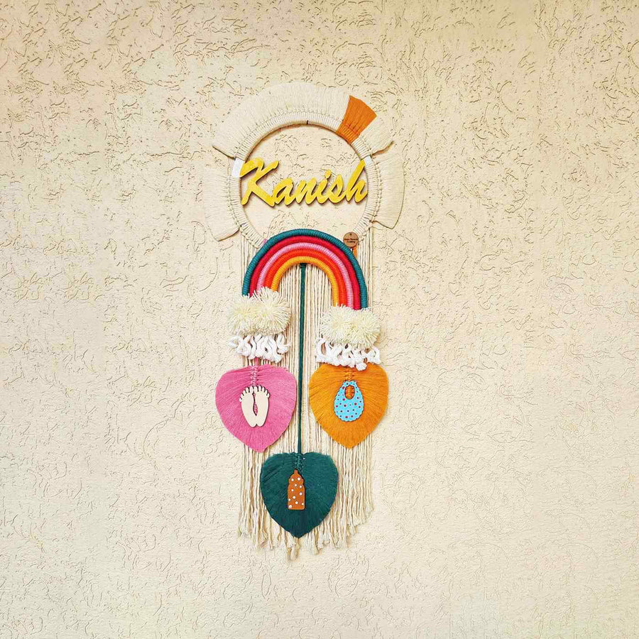 Macrame Cloud Leaf Personalized Kids Name Plate - Mounted on Wall Display