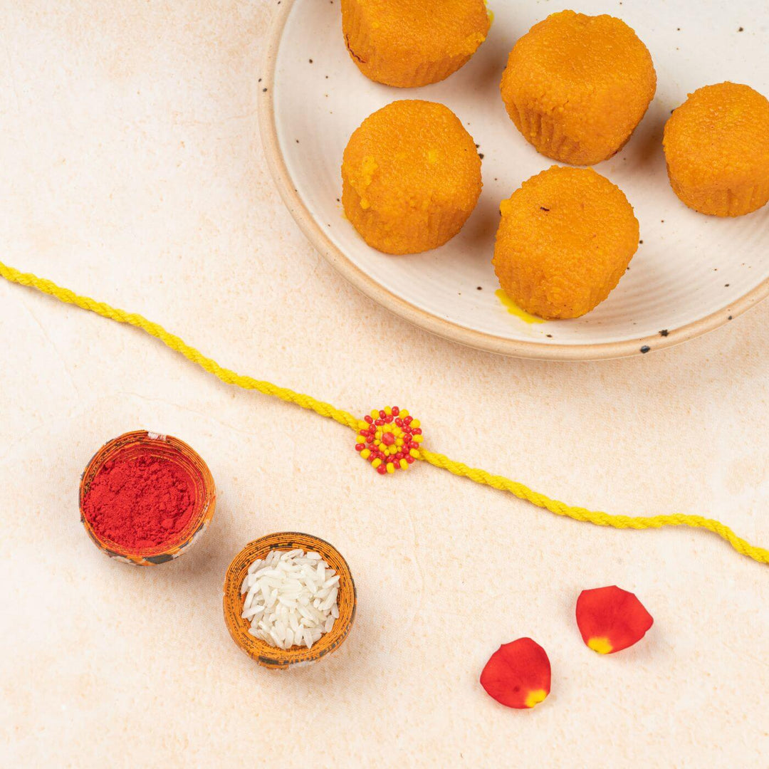 Handcrafted Glass Beads Chaand Rakhi 2 - Rakhi Display with Festival Items