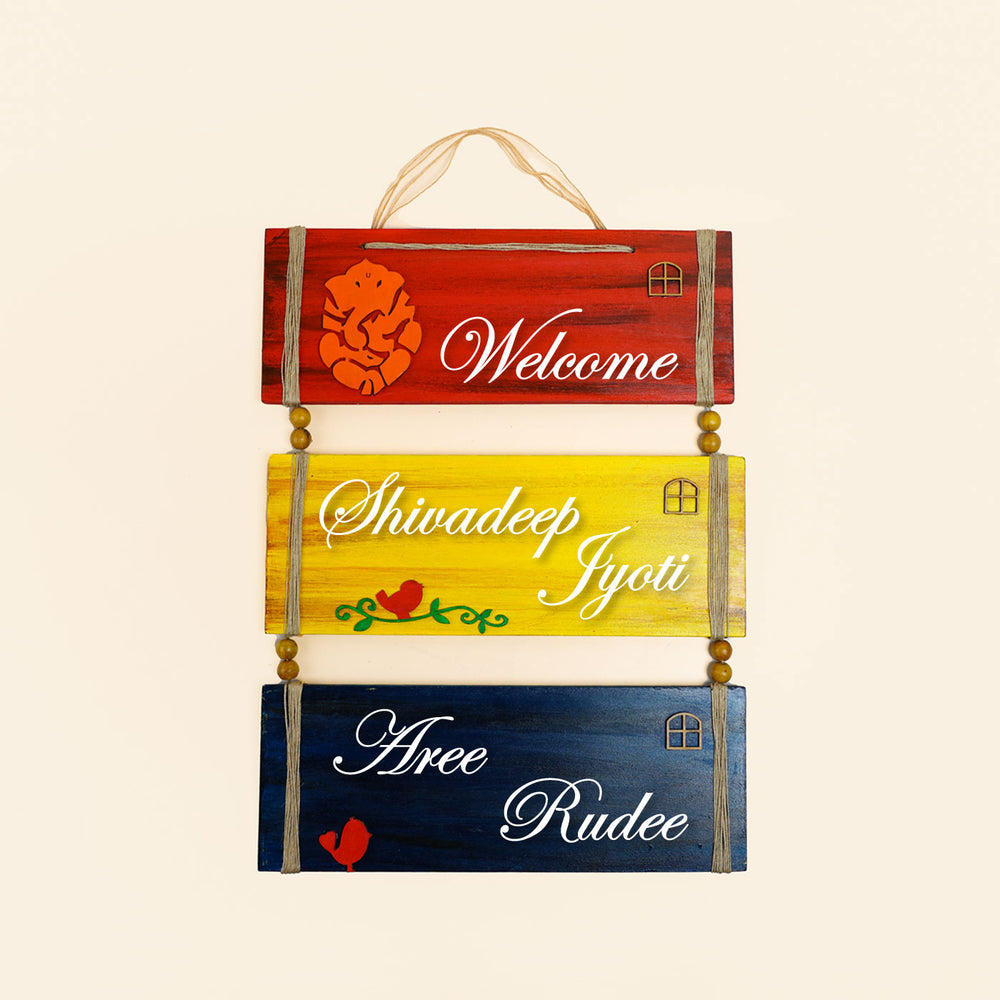 Hand Painted Personalized Ganesha Name Plate With 3 Planks - Front View Hanging with Names